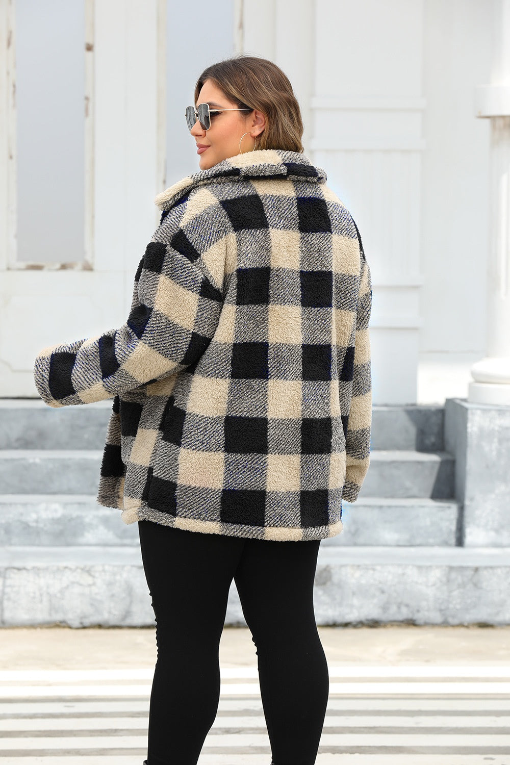 Back view of camel checkered jacket for plus-size women.
