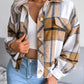 Camel plaid button-up jacket for women, ideal for fall layering.
