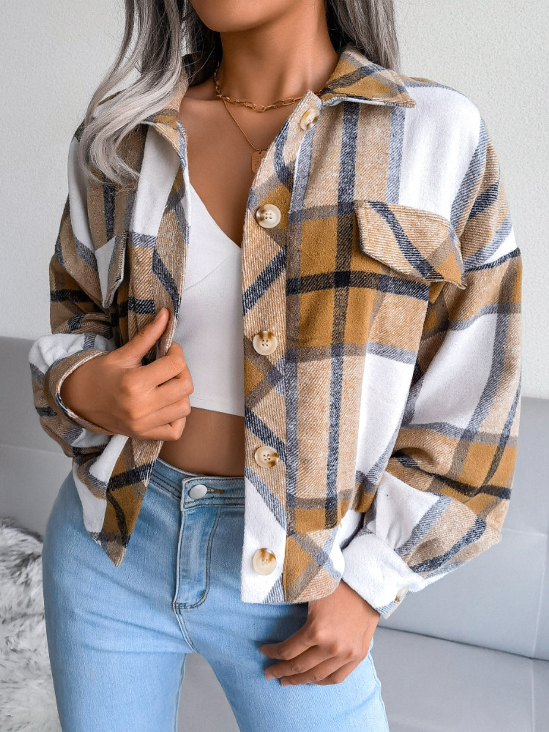 Camel plaid button-up jacket for women, ideal for fall layering.
