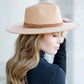 Adjustable camel wide brim Panama hat with a modern design.
