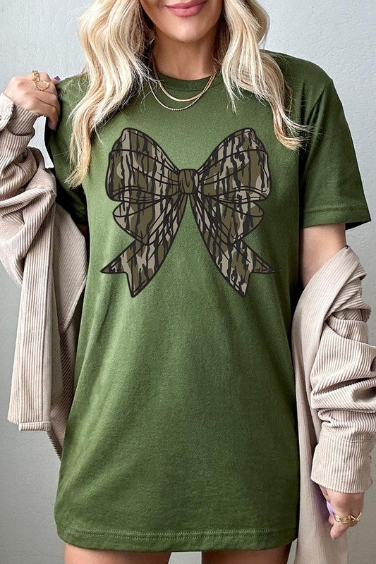 Bella + Canvas olive tee with camo bow design for a relaxed fit.
