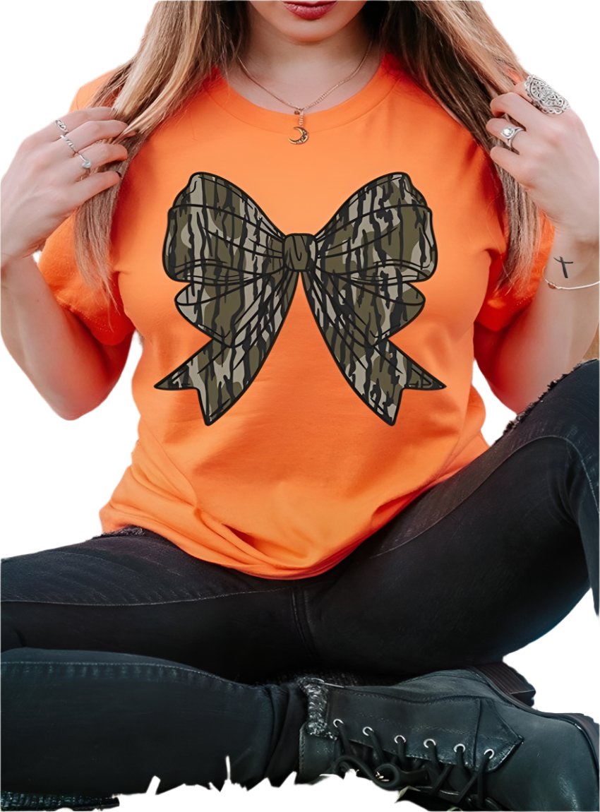 Front view of vibrant orange camo bow graphic tee with short sleeves.
