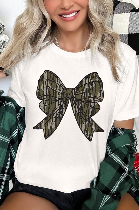 Bella + Canvas vintage white tee with camo bow graphic, perfect for casual outfits.





