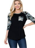 Black top with camo print sleeves and pocket
