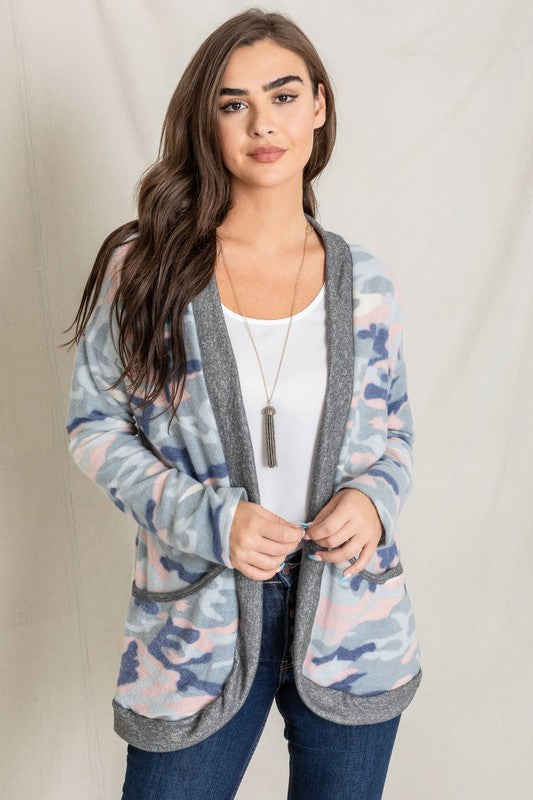 Pink camo cardigan with a soft, lightweight feel and casual look.