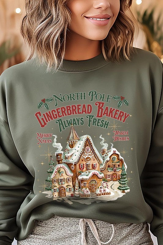 Unique camouflage holiday sweatshirt with North Pole Gingerbread Bakery design.