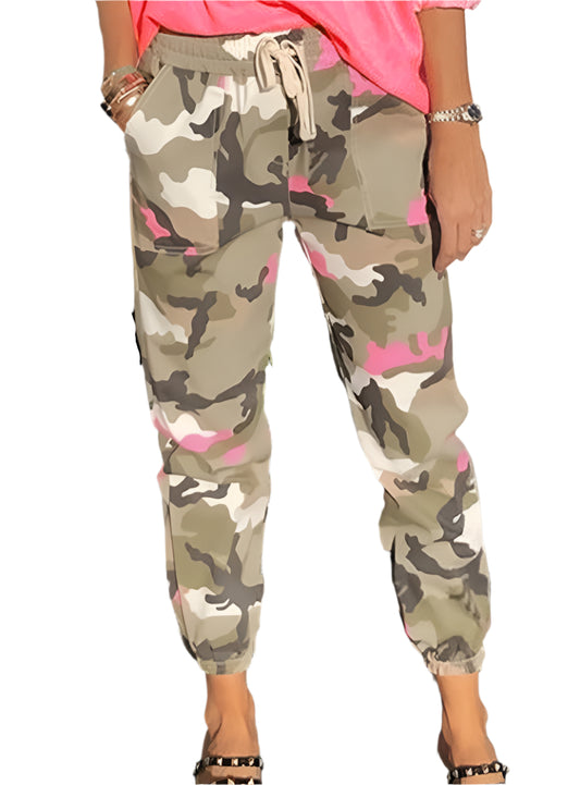 Front view of camouflage print mid-waist trousers
