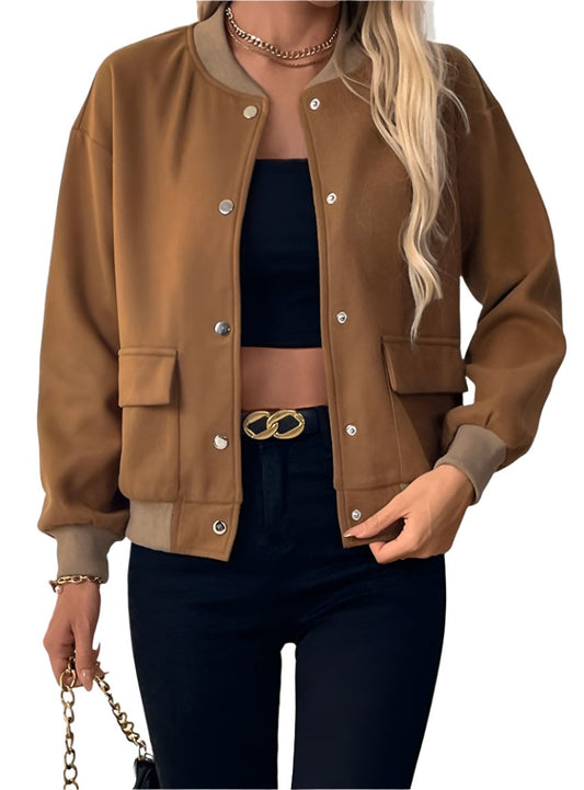 front view of caramel baseball collar snap-down jacket
