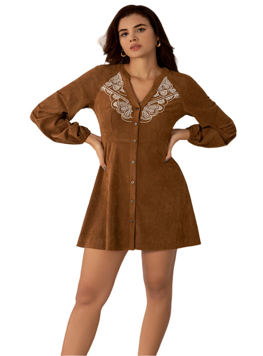 Caramel suede mini dress with embroidery and button-down front
