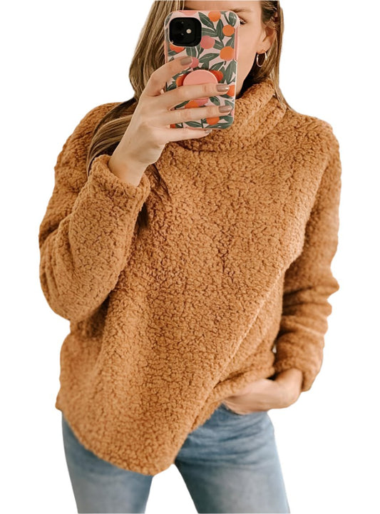 caramel sherpa fleece pullover with high neck and relaxed fit
