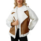 front view of caramel faux shearling jacket with open collar
