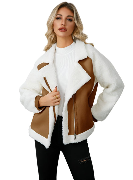 front view of caramel faux shearling jacket with open collar
