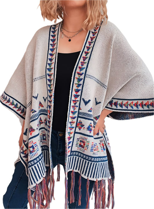 Tribal Inspired Boho Fringe Open Front Cardigan