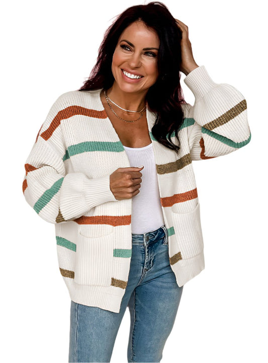 Drop Shoulder Pocketed Stripe Sweater Cardigan