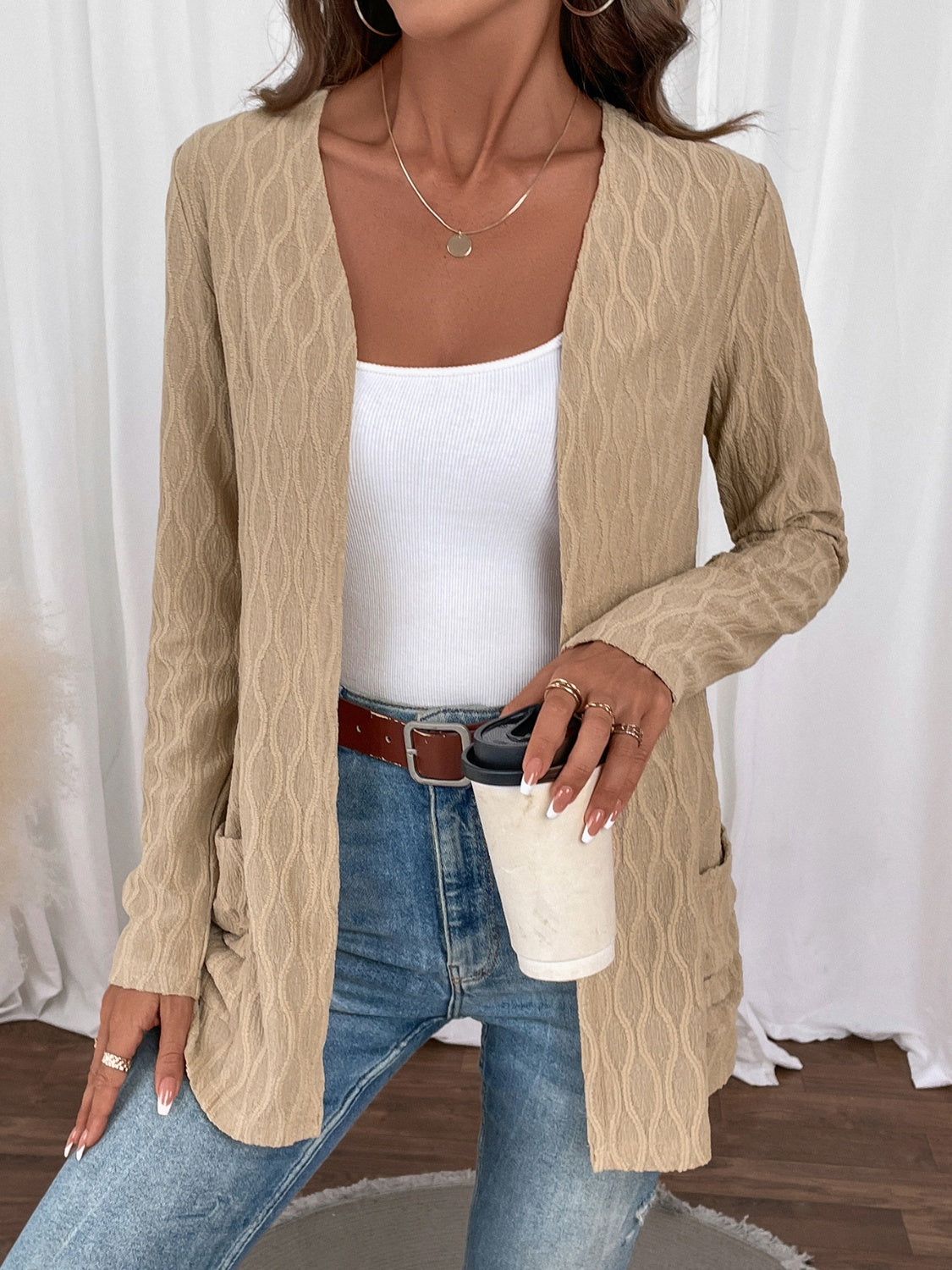 Open Front Cable Knit Cardigan With Pockets