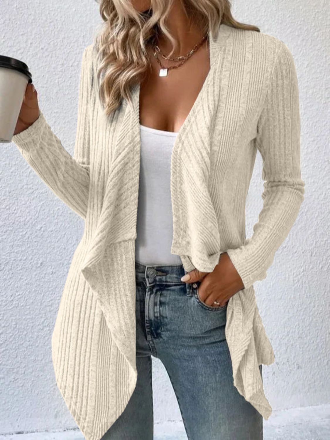 Open Front Long Sleeve Waterfall Cardigan