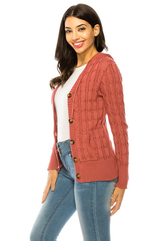 Plus Size Classic Cable Knit Hooded Button-Up Cardigan