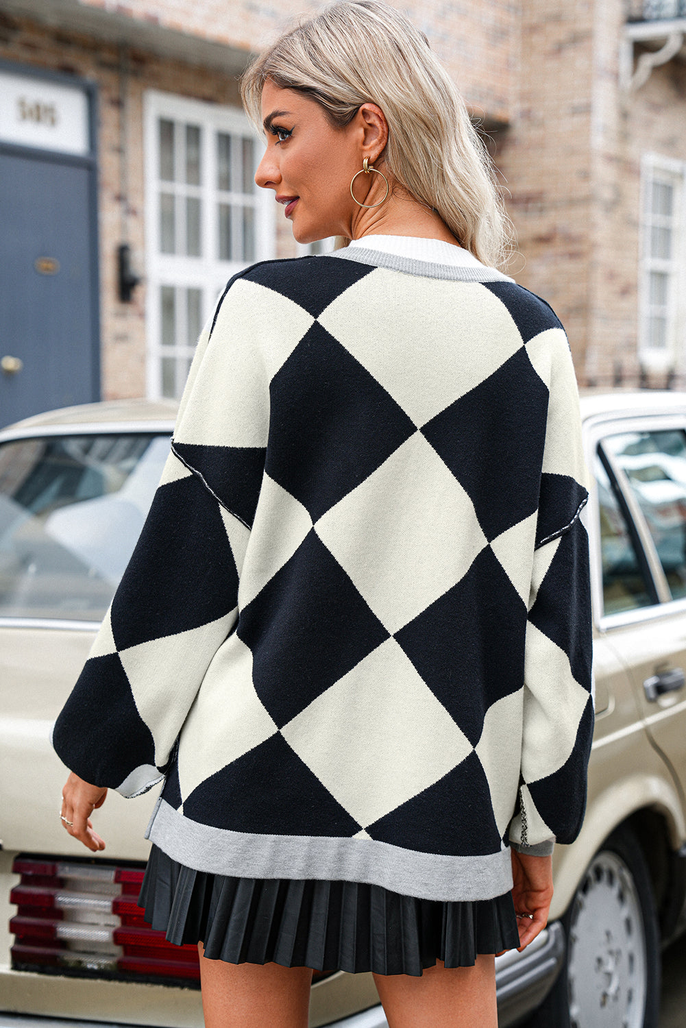 Drop Shoulder Black And White Checkered Cardigan