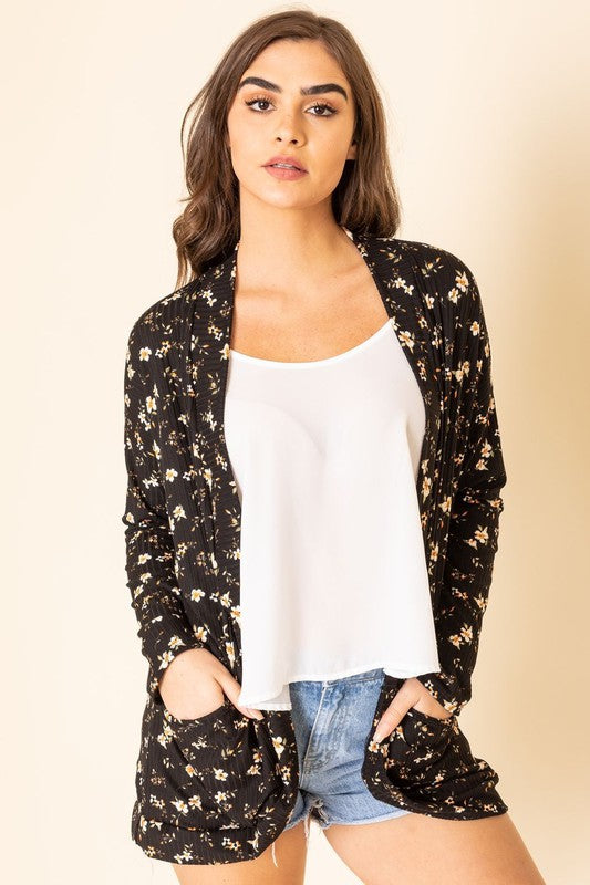 Lightweight Ribbed Floral Slouch Cardigan