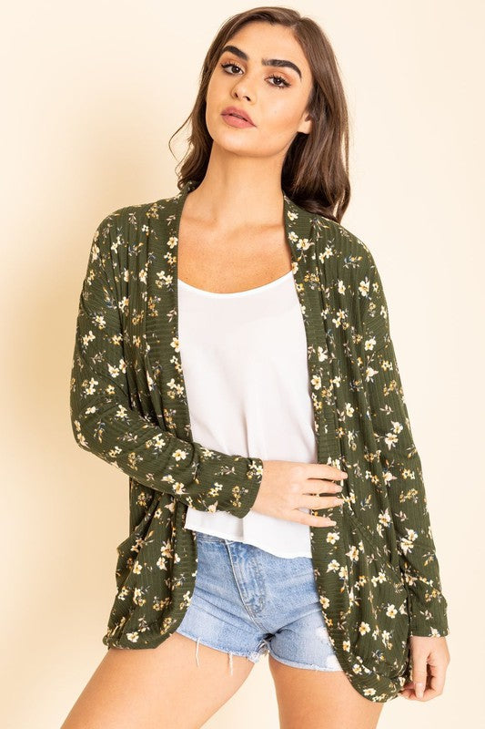 Lightweight Ribbed Floral Slouch Cardigan