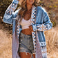 Blue Aztec Print Open Front Knitted Cardigan