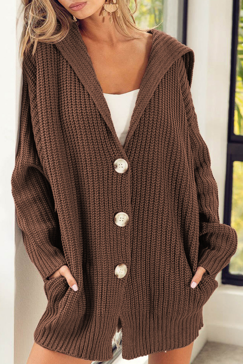 Brown Chunky Knit Lapel Collar Button Up Cardigan