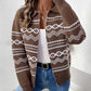 Geometric Zip Up Collared Neck Long Sleeve Cardigan