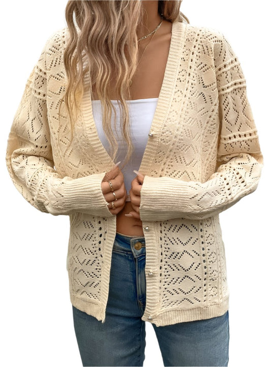 Openwork Button Up Long Sleeve Cardigan