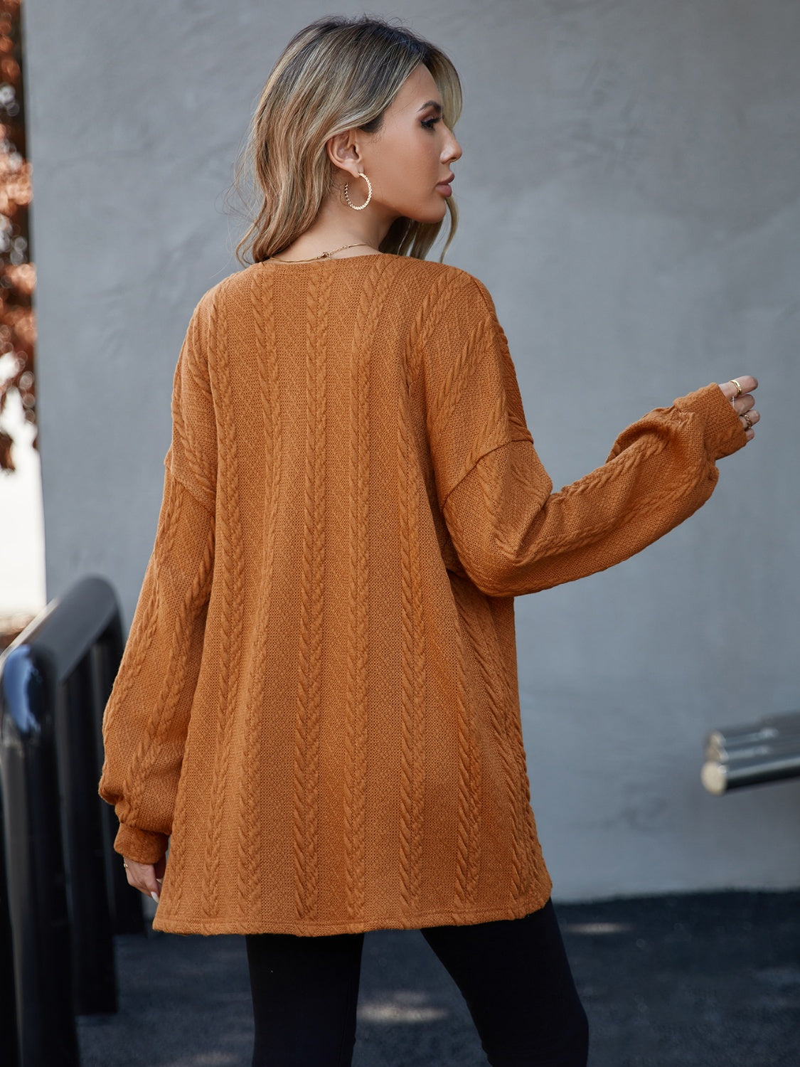 Caramel Open Front Cable Knit Long Sleeve Cardigan