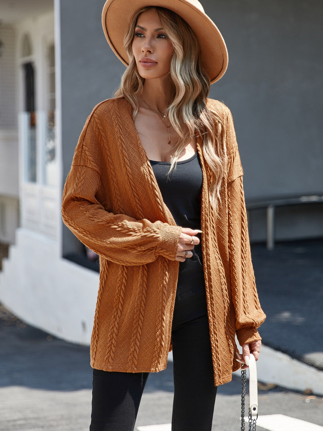 Caramel Open Front Cable Knit Long Sleeve Cardigan