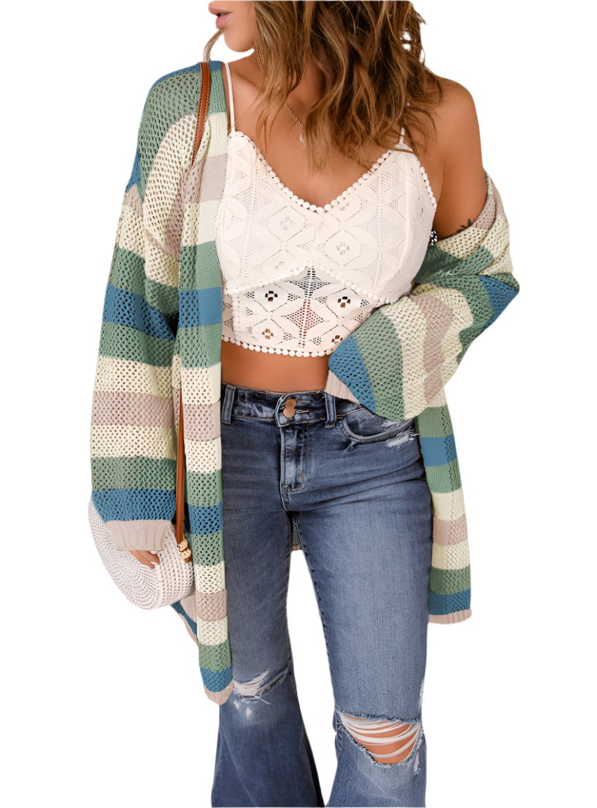 Green Striped Color Block Hollowed Knit Cardigan