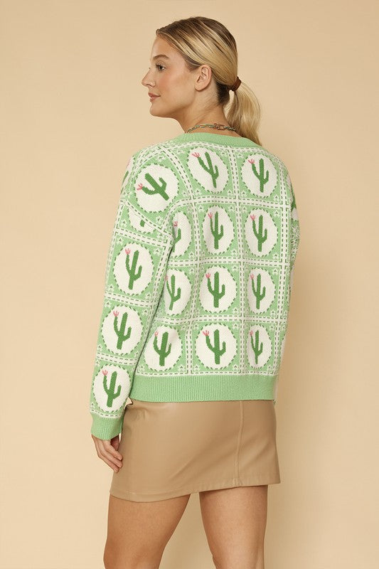 Cactus Print Button-Up Cardigan