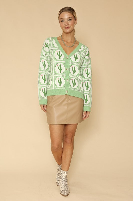 Cactus Print Button-Up Cardigan