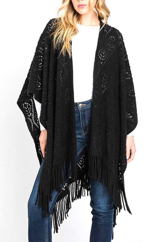 Perforated Pattern Knit Fringe Cardigan