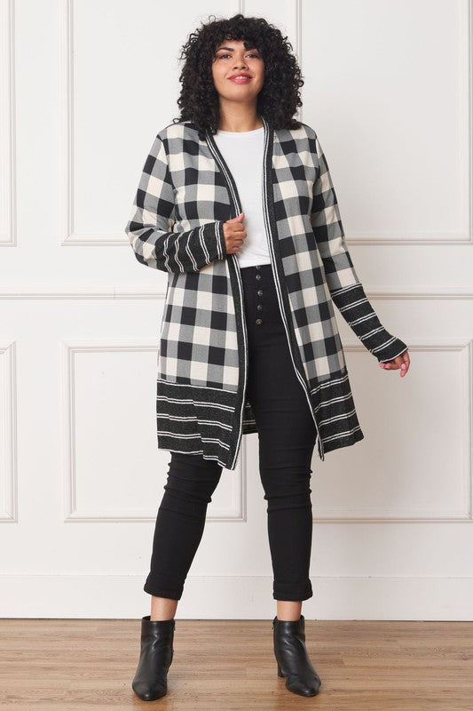 Black & White Checkered Cardigan with Striped Hem