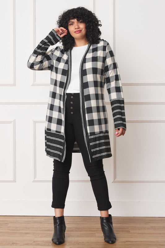 Black & White Checkered Cardigan with Striped Hem