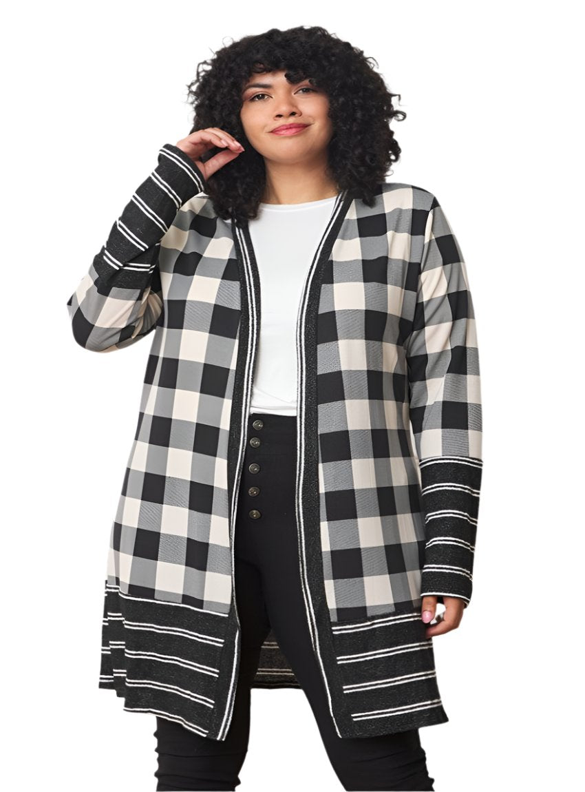 Black & White Checkered Cardigan with Striped Hem