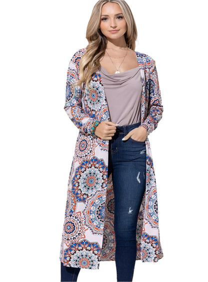 Printed Open Front Longline Boho Kimono Cardigan