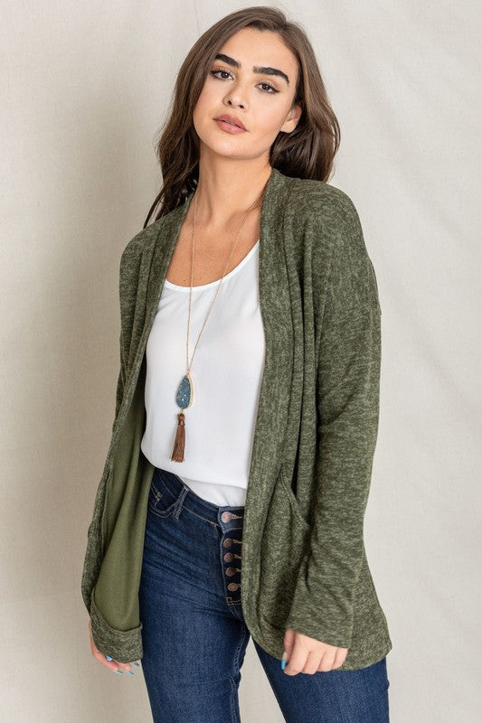 Solid Drape Pocket Cardigan in Olive