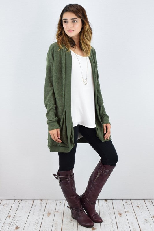 Solid Drape Pocket Cardigan in Olive