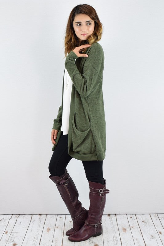 Solid Drape Pocket Cardigan in Olive