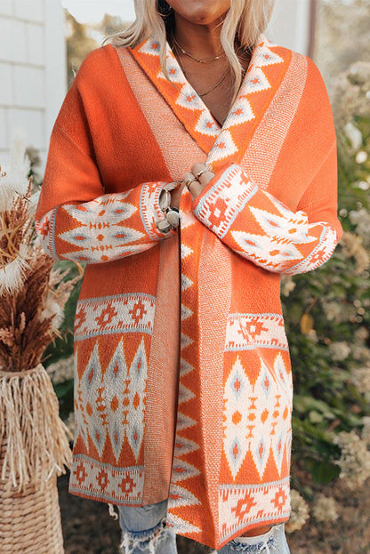 Oversized Aztec Print Open Front Knit Cardigan