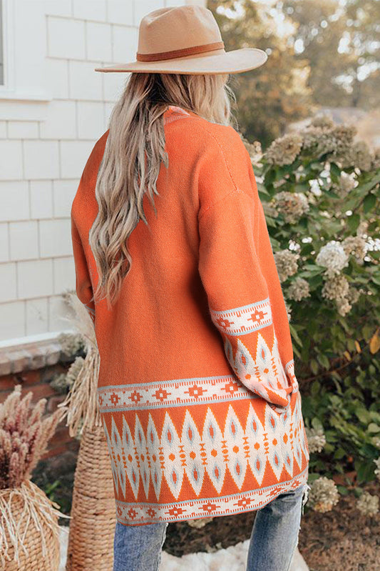 Oversized Aztec Print Open Front Knit Cardigan