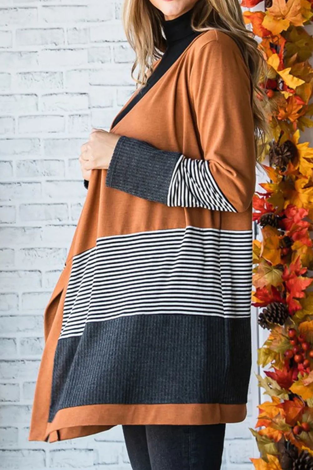 Striped Open Front Long Sleeve Cardigan