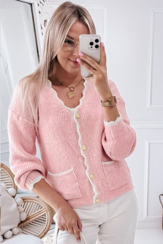 Pink Ribbed Knit Scalloped Edge Buttoned Cardigan