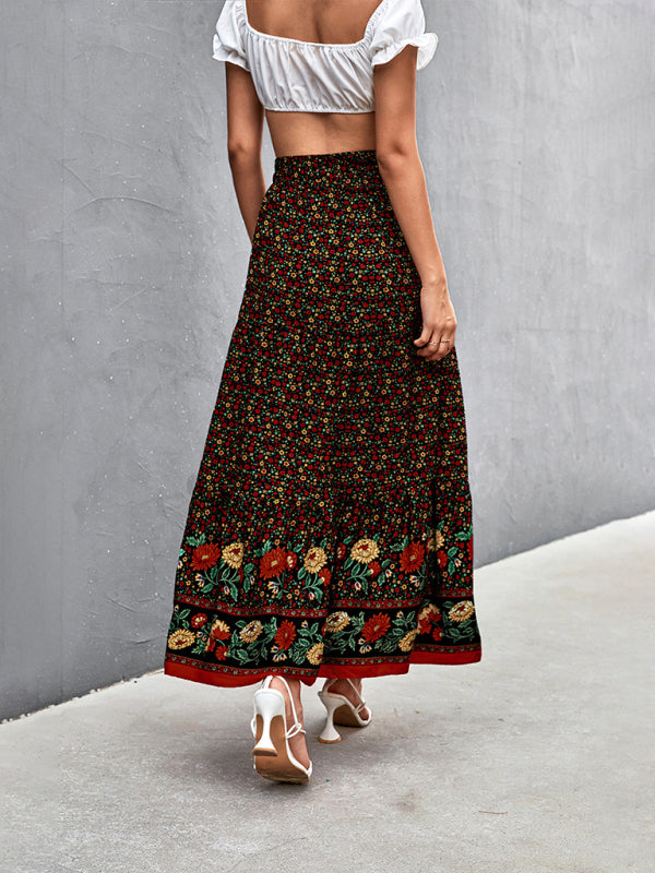 Full-length image of a casual black bohemian floral maxi skirt for spring.
