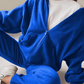 Closeup of the casual blue hooded sweater set in soft polyester fabric.
