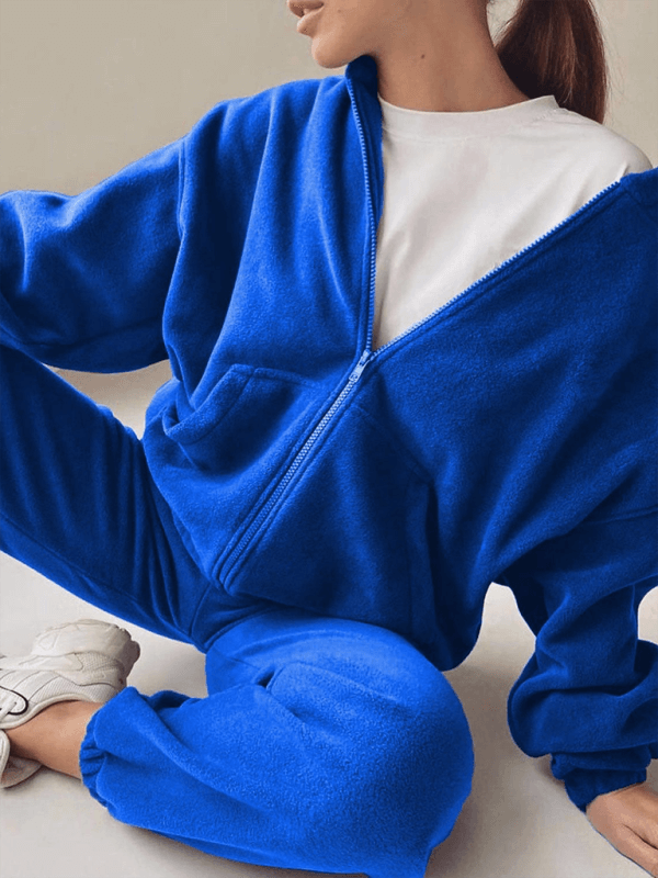 Closeup of the casual blue hooded sweater set in soft polyester fabric.
