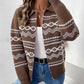 Winter Fair Isle knit cardigan in brown and white, styled with jeans.
