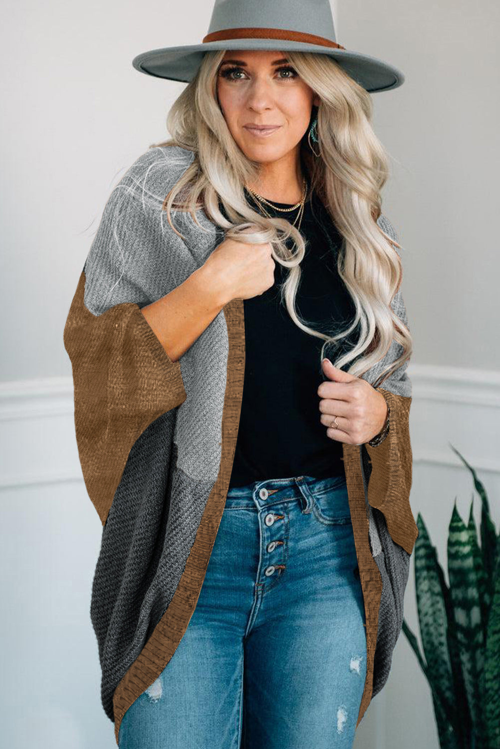 Gray and brown cardigan with sophisticated ribbed texture
